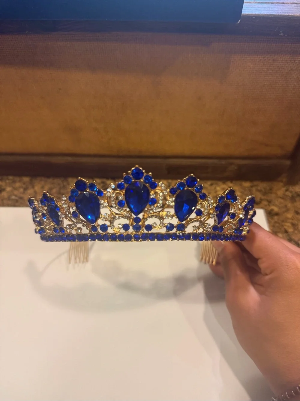 Royal Blue Crystal Tiara Crown - Gold Accent Brand New